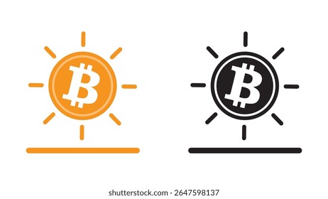 Bitcoin crypto currency vector icon with two variations, colored and black and white. Vector illustration in flat design style