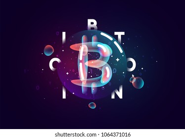 Bitcoin Crypto. Design of electronic cryptocurrency market finance, business concept coin money. Colored abstract fluid gradient splash shapes.