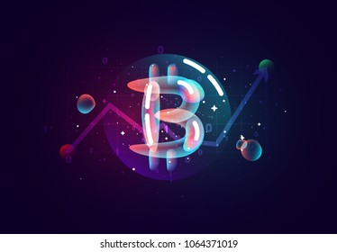 Bitcoin Crypto. Design of electronic cryptocurrency market finance, business concept coin money. Colored abstract fluid gradient splash shapes.