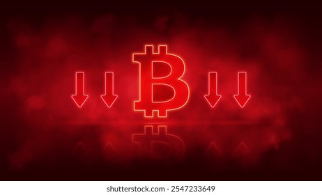 Bitcoin Crypto down. Sell bitcoin currency. Crypto BTC with the falling trend. Traiding and bear market. Glowing red bitcoin falling trend. Vector illustration