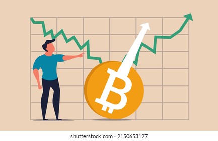 Bitcoin crypto high and rise surge symbol. Btc virtual boost business and future wealth up vector illustration concept. Network money cryptocurrency and growth graph currency. Investment market coin