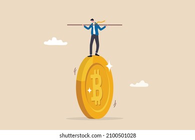 Bitcoin and crypto investment risk, balance between risk and return, cryptocurrency challenge to overcome volatility and make profit concept, businessman investor balancing as acrobat on giant bitcoin