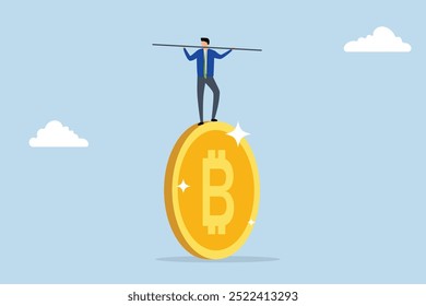 Bitcoin and crypto investment risk, Businessman investor performing like a tightrope walker on a massive bitcoin.