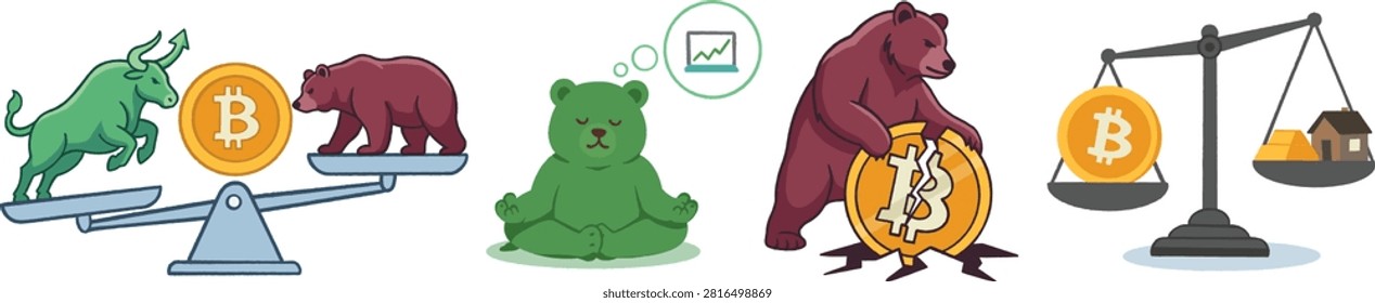 Bitcoin Crypto Market Concepts Set Bull vs Bear Asset Scale Vector Collection