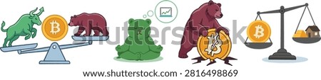 Bitcoin Crypto Market Concepts Set Bull vs Bear Asset Scale Vector Collection