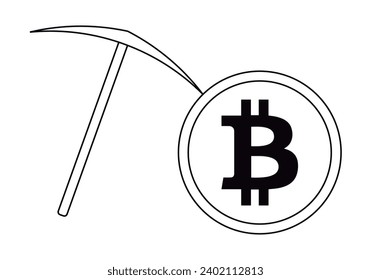 Bitcoin crypto mining icon with pickaxe.