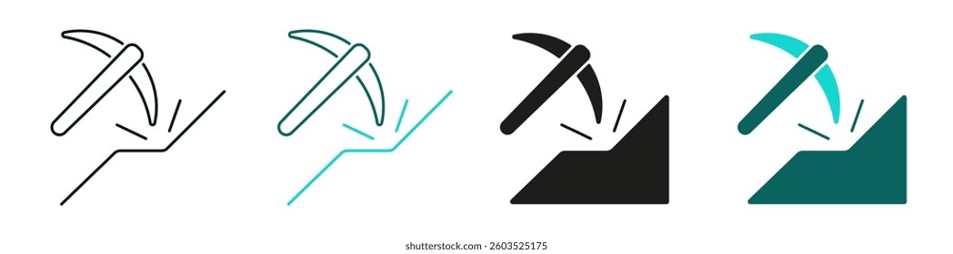 Bitcoin crypto mining icon set. Cryptocurrency, Blockchain or Digital currency concept. Pickaxe and rock symbol. Thin line or solid logo for web or mobile app. Editable vector stroke.