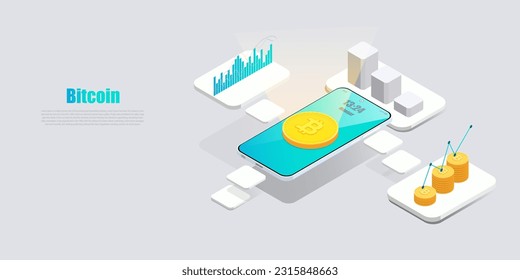 Bitcoin Crypto on Mobile isometric.Bitcoin and graph technology.International stock exchange. Trade bitcoin on mobile