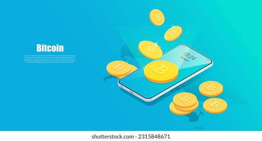 Bitcoin Crypto on Mobile isometric.Bitcoin and graph technology.International stock exchange. Trade bitcoin on mobile