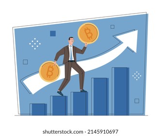 Bitcoin and crypto price rising up concept. Male entrepreneur holds coins in hands and rejoices at increase in profit or income. Stock market or successful investment. Cartoon flat vector illustration