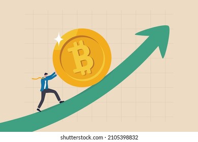 Bitcoin and crypto price rising up, soaring and price increase, crypto currency value growth, mass adoption concept, businessman investor trying hard to push bitcoin up rising up arrow graph and chart svg