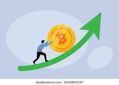 Bitcoin and crypto price rising up, soaring and price increase 2d flat vector illustration