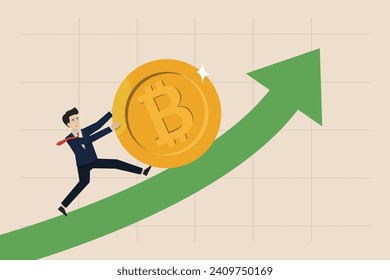 Bitcoin and crypto prices rising, cryptocurrency value growth, businessman investors trying hard to push bitcoin up rising arrow graph and graph.
