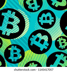 Bitcoin crypto trade seamless pattern.Artistic design with authentic,unique scrapes, watercolour blotted background for a logo, cards, invitations, posters,banners