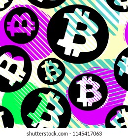 Bitcoin crypto trade seamless pattern.Artistic design with authentic,unique scrapes, watercolour blotted background for a logo, cards, invitations, posters,banners