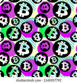 Bitcoin crypto trade seamless pattern.Artistic design with authentic,unique scrapes, watercolour blotted background for a logo, cards, invitations, posters,banners