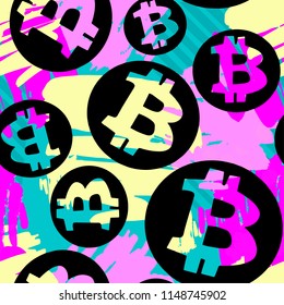 Bitcoin crypto trade seamless pattern.Artistic design with authentic,unique scrapes, watercolour blotted background for a logo, cards, invitations, posters,banners