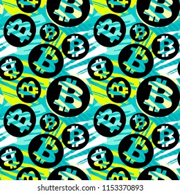 Bitcoin crypto trade seamless pattern.Artistic design with authentic,unique scrapes, watercolour blotted background for a logo, cards, invitations, posters,banners