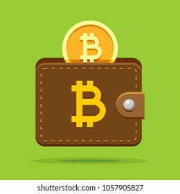 Bitcoin crypto wallet from brown leather and coin inside. Vector colored flat illustration of digital conceptual currency