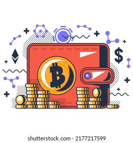 Bitcoin crypto wallet for cryptocurrency vector. Electronic storage for digital money currency and coin. Financial system for safe finance and online payment flat cartoon illustration