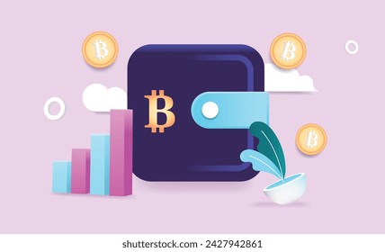 Bitcoin crypto wallet illustration with rising graph and decorative elements in 3d style vector with light pink background