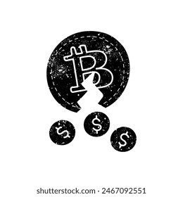 Bitcoin cryptocurerency coin and dollar black hand drawn icon in grunge look
