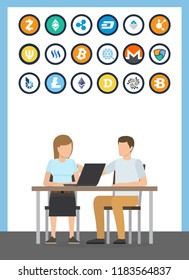 Bitcoin and cryptocurrencies set people on seminar vector. Woman and man looking at laptop and thinking about business start up. Litecoin and dogecoin