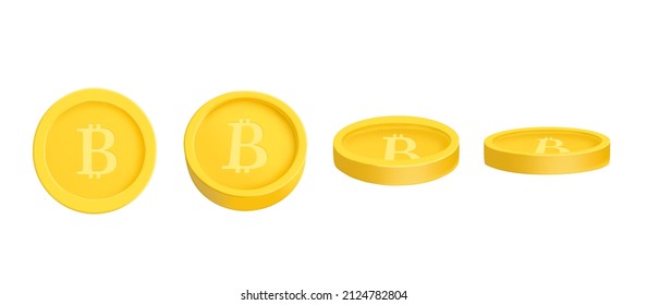 Monedas de 3d de criptomoneda de Bitcoin. Dinero digital, pago de divisas, minería, concepto de finanzas. Ilustración vectorial en el estilo de representación realista de moda aislado en el fondo blanco.