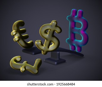Bitcoin cryptocurrency 3D logo outweighs golden dollar, euro and pound signs on swing on gray background. Cryptocurrency value growth and stock exchange trading concept. Vector illustration, EPS 10.