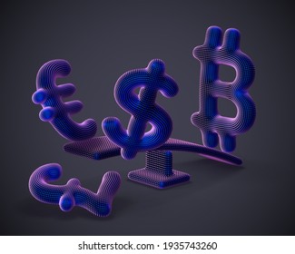 Bitcoin cryptocurrency 3D logo outweighs dollar, euro and pound signs on swing on gray background. Cryptocurrency value growth and stock exchange trading concept. Vector illustration, EPS 10.