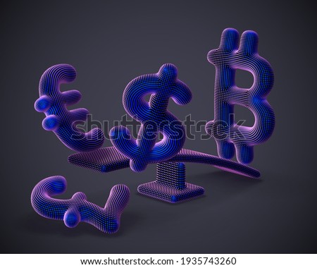 Bitcoin cryptocurrency 3D logo outweighs dollar, euro and pound signs on swing on gray background. Cryptocurrency value growth and stock exchange trading concept. Vector illustration, EPS 10.