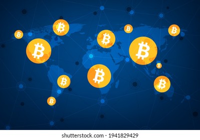 Bitcoin cryptocurrency. Abstract wireframe global mesh background. Vector illustration.