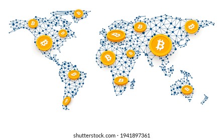 Bitcoin cryptocurrency. Abstract wireframe global mesh background. Vector illustration.