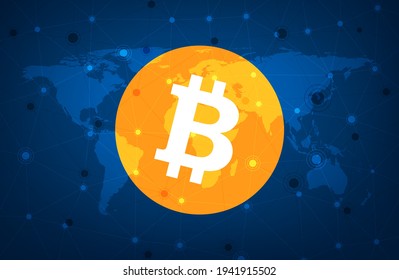 Bitcoin cryptocurrency. Abstract wireframe global mesh background. Vector illustration.