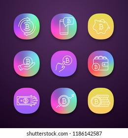 Bitcoin cryptocurrency app icons set. UI/UX interface. Bitcoin exchange, cryptocurrency chat, piggy bank, pay per click, wallet, digital money, market growth, coins stack. Vector isolated illustration