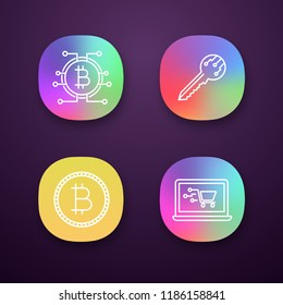 Bitcoin cryptocurrency app icons set. UI/UX user interface. Digital key, bitcoin with microchip pathway, coin, online shopping. Web or mobile applications. Vector isolated illustrations
