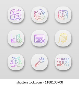Bitcoin cryptocurrency app icons set. UI/UX user interface. Bitcoin exchange, fintech, market growth chart, mining software, digital wallet, key, binary code. Vector isolated illustrations