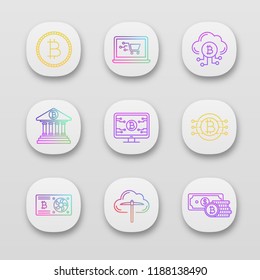 Bitcoin cryptocurrency app icons set. UI/UX user interface. Coin, online shopping, cloud mining, banking, bitcoin webpage, graphic card, CPU mining, cryptocurrency. Vector isolated illustration