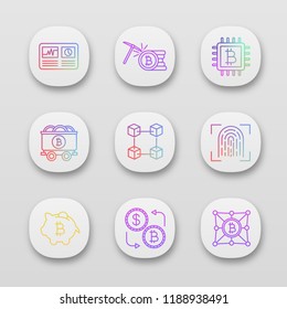 Bitcoin cryptocurrency app icons set. UI/UX interface. Hashrate, mining, microchip, bitcoin network, currency exchange, piggy bank, finger scan, blockchain, mine cart, CPU mining. Vector illustrations