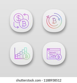 Bitcoin cryptocurrency app icons set. UI/UX user interface. Currency exchange, bitcoin refund, market growth chart, mining software. Web or mobile applications. Vector isolated illustrations