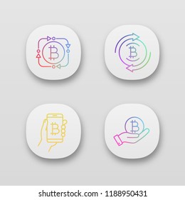 Bitcoin cryptocurrency app icons set. UI/UX user interface. Fintech, bitcoin refund, digital wallet, coin in hand. Web or mobile applications. Vector isolated illustrations
