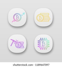Bitcoin cryptocurrency app icons set. UI/UX user interface. Market growth chart, bitcoin coins stack, mining, microchip. Web or mobile applications. Vector isolated illustrations