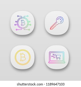 Bitcoin cryptocurrency app icons set. UI/UX user interface. Digital key, bitcoin with microchip pathway, coin, online shopping. Web or mobile applications. Vector isolated illustrations