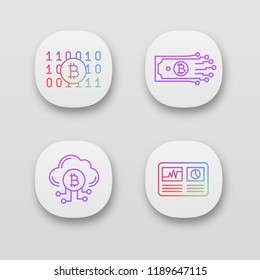 Bitcoin cryptocurrency app icons set. UI/UX user interface. Binary code, digital money, cloud mining, hashrate. Web or mobile applications. Vector isolated illustrations