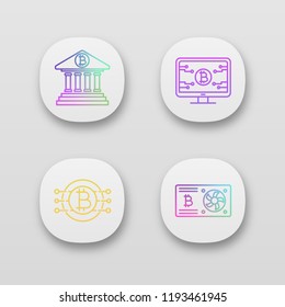 Bitcoin cryptocurrency app icons set. UI/UX user interface. Online banking, bitcoin official web page, graphic card, CPU mining. Web or mobile applications. Vector isolated illustrations