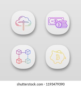 Bitcoin cryptocurrency app icons set. UI/UX user interface. Cloud mining, savings, blockchain, piggy bank. Web or mobile applications. Vector isolated illustrations