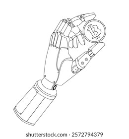 Bitcoin cryptocurrency and Artificial Intelligence concept.Robot hand holding Bitcoin Line art emblem, logo, print, icon.Decentralized computer networks. AI technology concept. Vector illustration