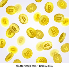 Bitcoin, cryptocurrency backdrop with falling golden BTC coins, vector illustration on white background. Bitcoin, cryptocurrency concept backdrop with falling coins