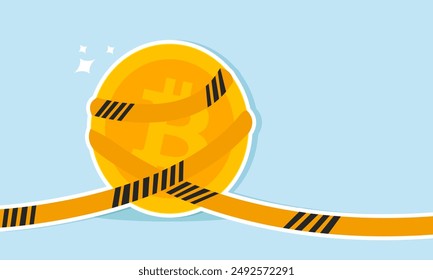 Bitcoin cryptocurrency banned by government policy; crypto crash or digital crime investigation, concept of A high value Bitcoin wrapped in yellow crime scene investigation tape