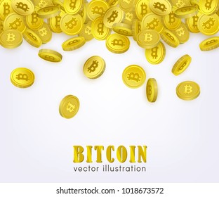 Bitcoin, cryptocurrency banner, flyer template with many golden coins falling down, vector illustration on white background. Bitcoin banner template - coins with capital letter B sign falling down